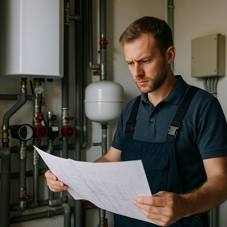 Monteur in blauwe overall met gereedschapstas in een moderne keuken, representatief voor installatiebedrijf Utrecht