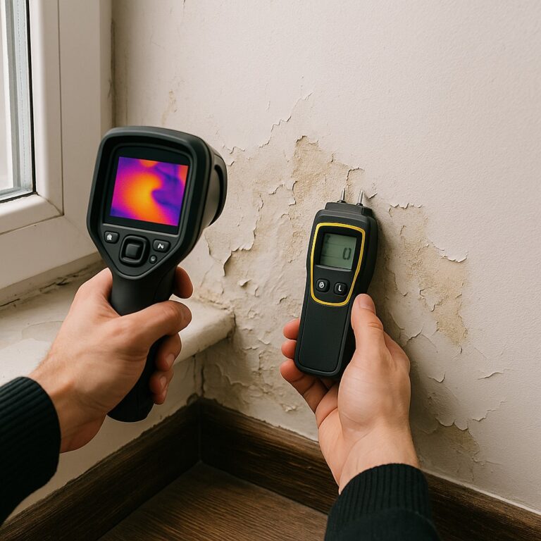 Inspecteur meet vocht met vochtmeter en warmtebeeldcamera bij afbladderend stuc onder raam in oud Utrechts huis.