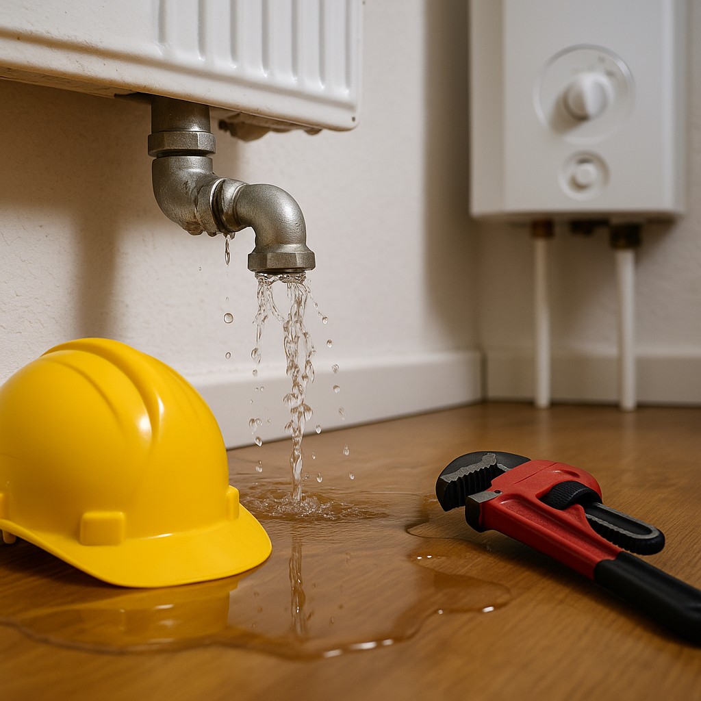 Loodgieter verhelpt een lekkende leiding in spoedsituatie met gereedschap en opvangemmer