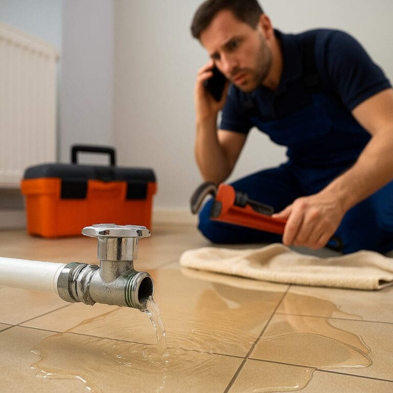 Loodgieter stopt met spoed een lekkende waterleiding in een woning.