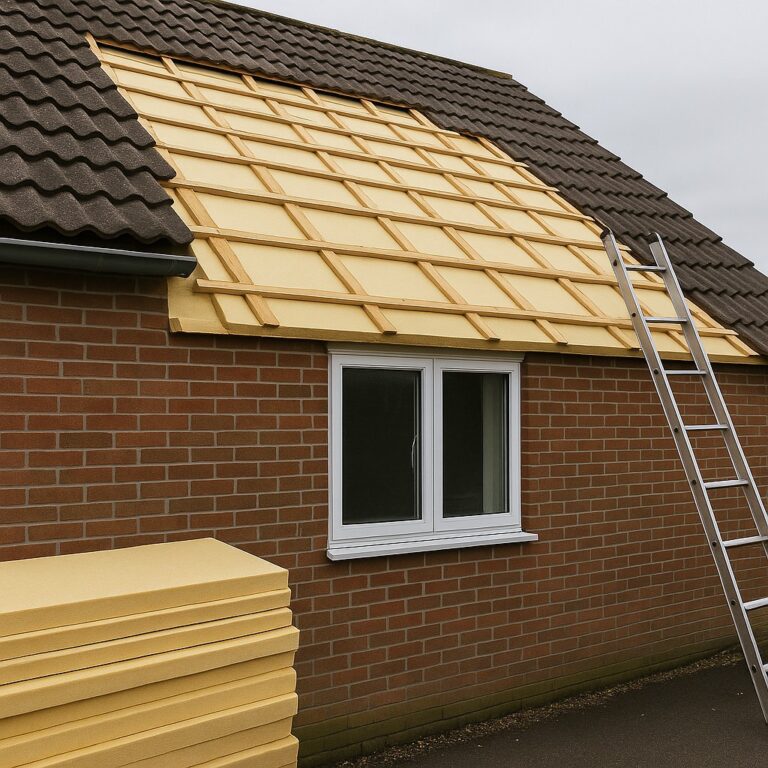 Woning met dakisolatie en HR++ raam tijdens renovatie; nieuwe isolatiepanelen en strakke afwerking