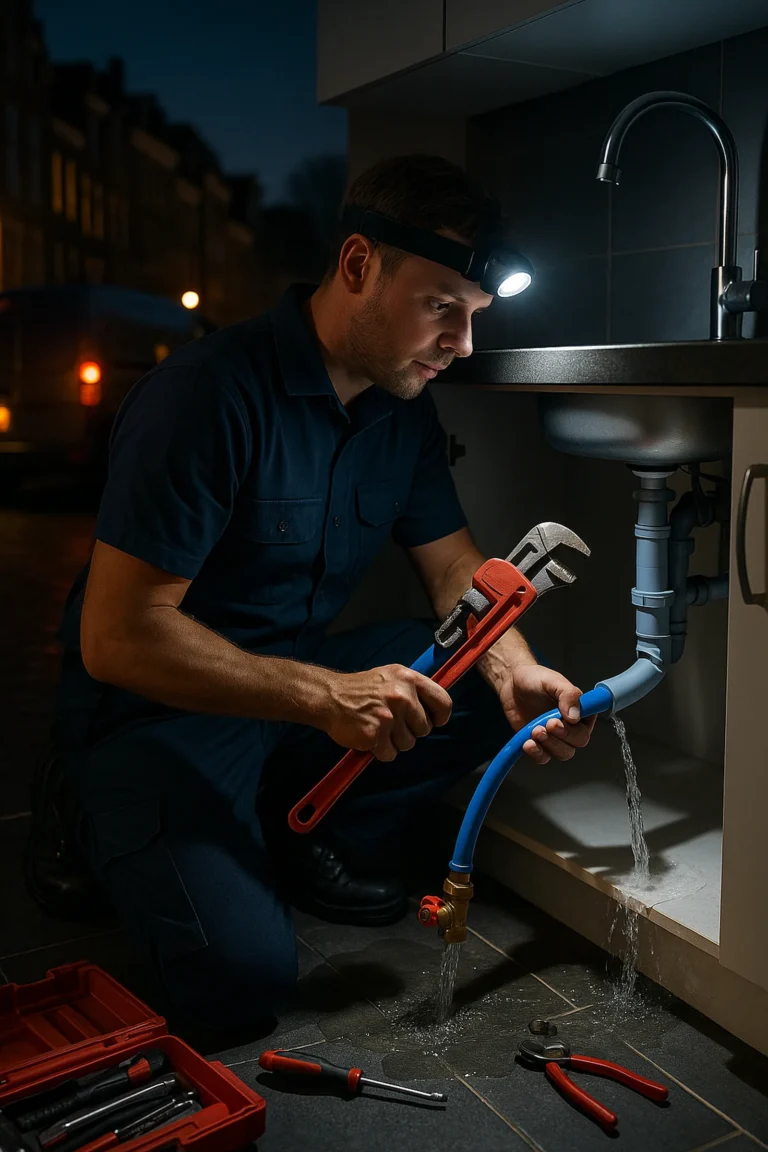 Spoed loodgieter met hoofdlamp repareert lekkende leiding onder gootsteen; water wordt gecontroleerd afgesloten.