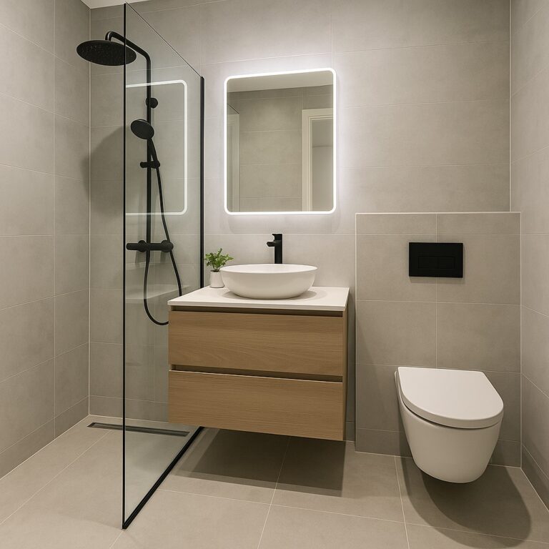 Moderne badkamer in renovatie met tegelwerk, inloopdouche en loodgieter bezig met leidingen strak en duurzaam ontwerp in uitvoering.