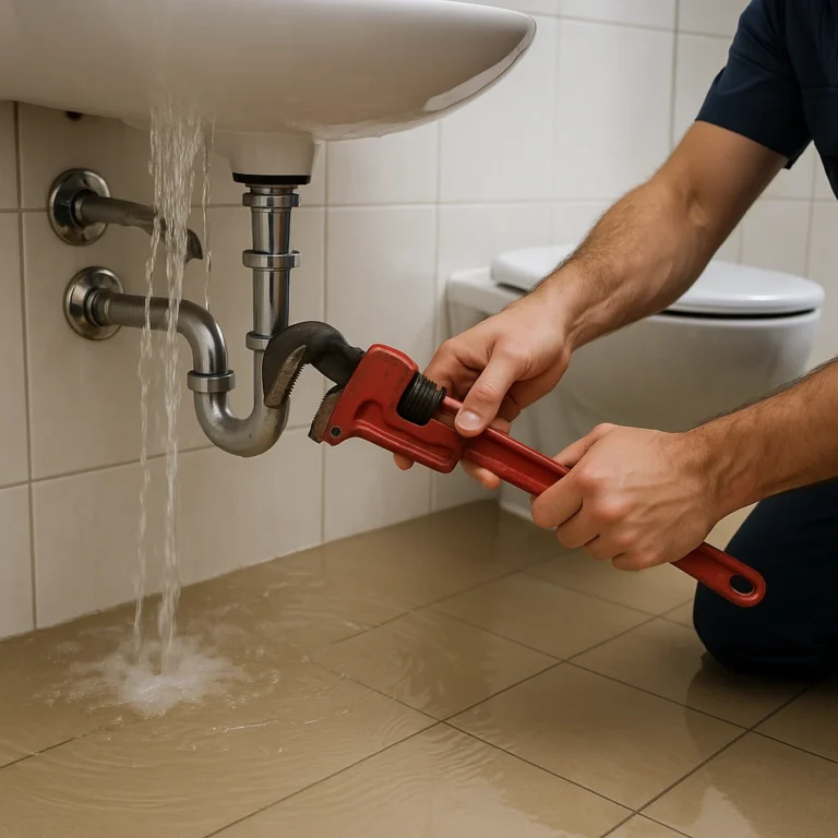 Loodgieter in Utrecht voert spoedreparatie uit bij lekkage onder wastafel, met water op de vloer.