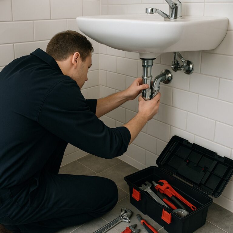 Loodgieter in Utrecht controleert leidingwerk onder een witte wasbak met professioneel gereedschap