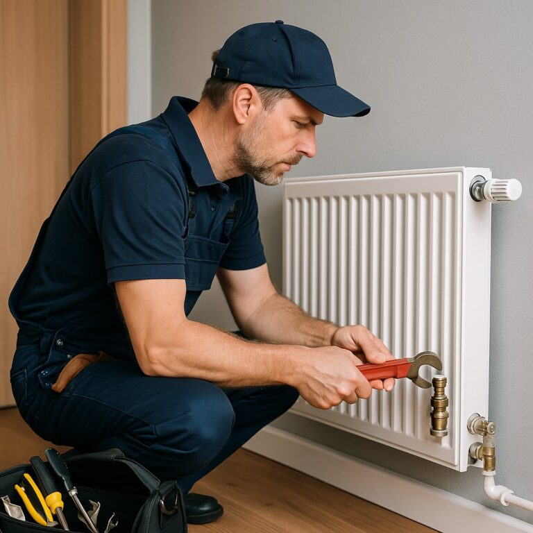 Monteur repareert verwarming in woning met sleutel – professionele loodgieter aan het werk.