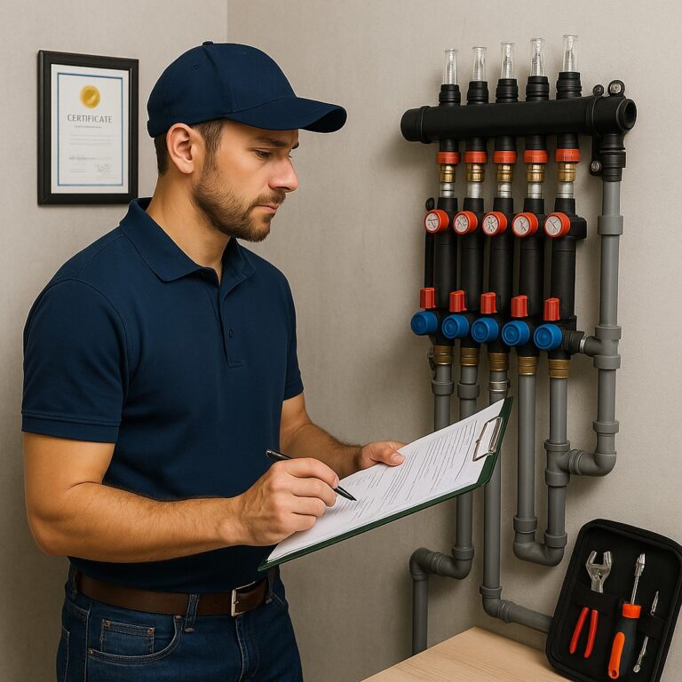 Erkende loodgieter inspecteert verwarmingsverdeler met clipboard; kleurgecodeerde afsluiters en nette leidingvoering.