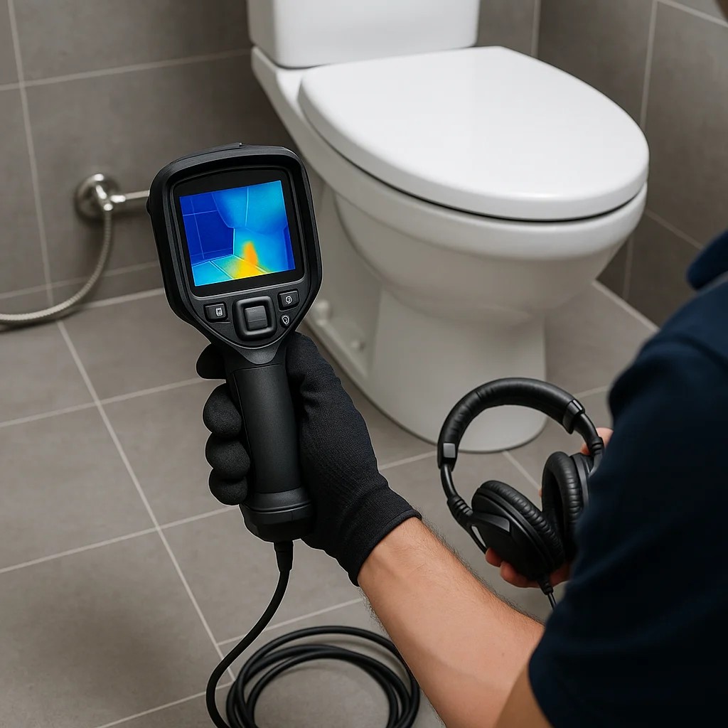 Loodgieter voert lekdetectie uit met infraroodcamera bij modern toilet in badkamer
