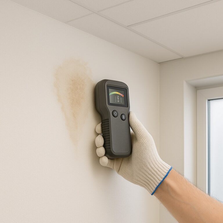 Lekkagedetectie met vochtmeter op witte muur met vochtvlek, in goed verlichte ruimte.