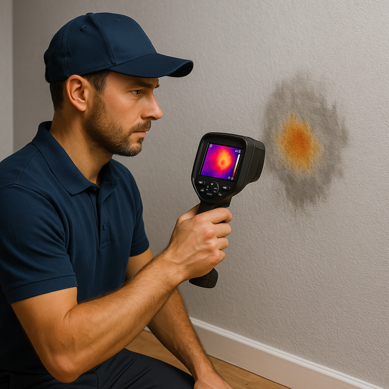 Technicus inspecteert vochtplek naast raam met warmtebeeldcamera; hittekaart zichtbaar op scherm.