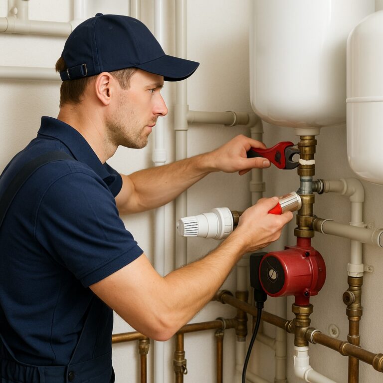 Loodgieter controleert verwarmingsinstallatie en waterleidingen in moderne woning.