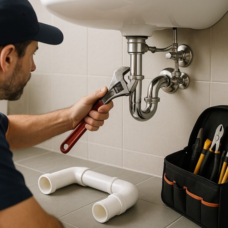 Loodgieter repareert leiding onder wastafel met sleutel, moderne badkameromgeving