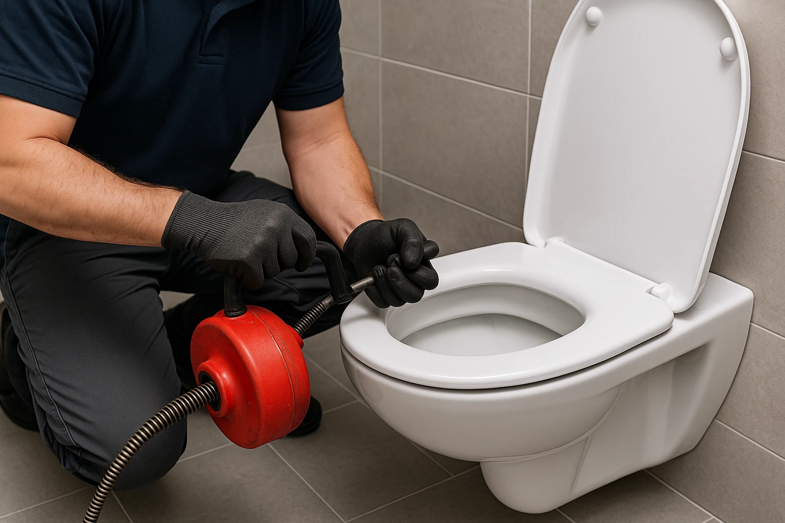 Loodgieter in uniform reinigt afvoer met hogedrukapparatuur in moderne badkamer.