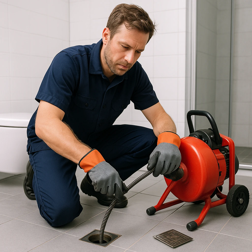 Loodgieter gebruikt een ontstoppingsveer om een toilet te ontstoppen in een moderne badkamer.