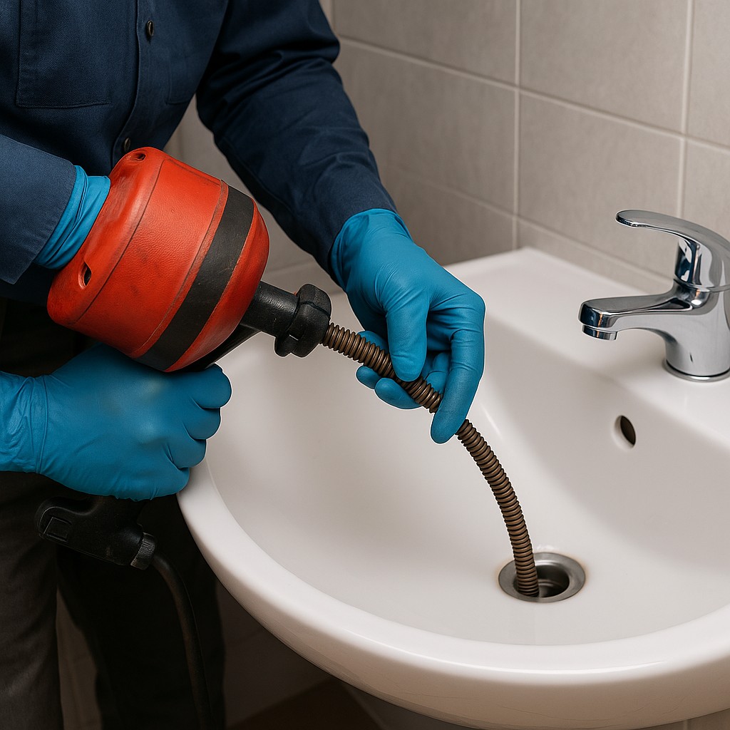 Loodgieter reinigt een afvoer met professionele apparatuur in moderne badkamer