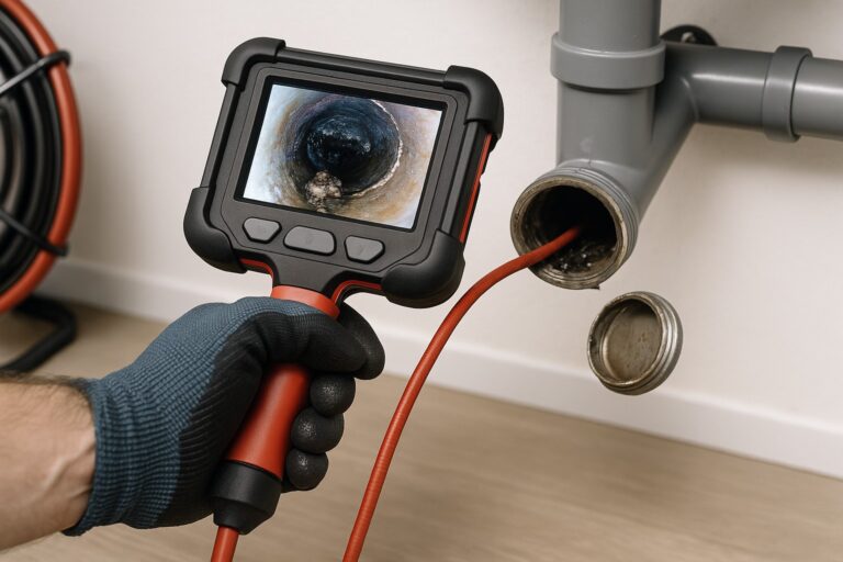 Loodgieter voert rioolcamera-inspectie uit met professioneel apparaat in moderne woning.