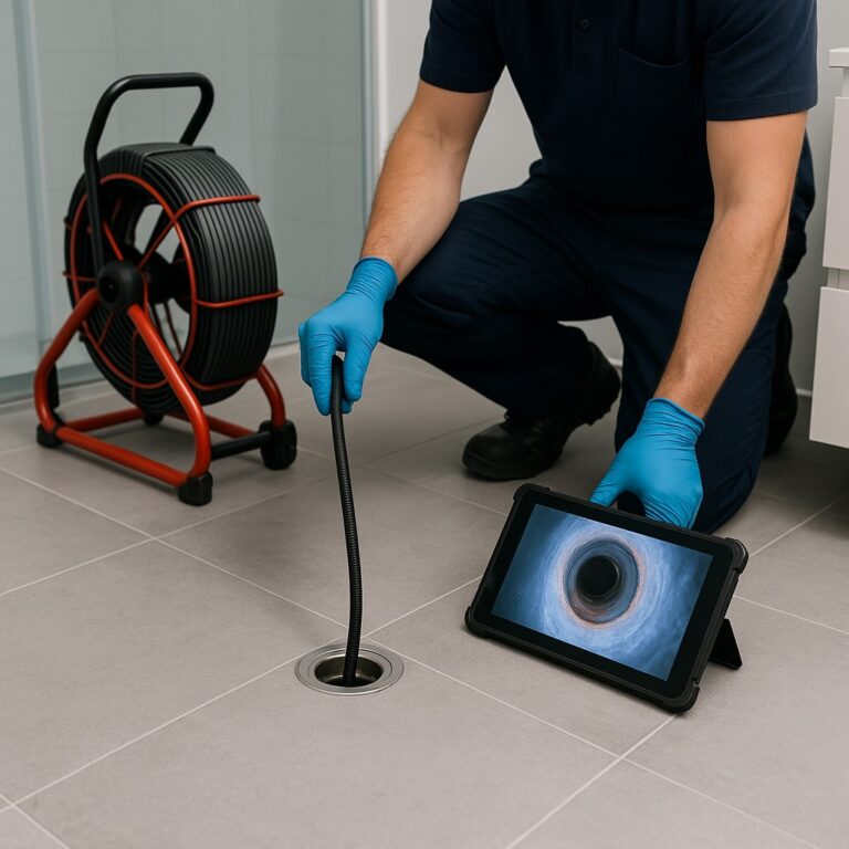 Monteur doet camera inspectie via vloerput; tablet toont binnenzijde van afvoer, kabelhaspel staat ernaast in de badkamer.