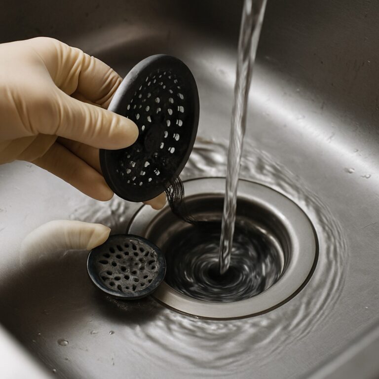 RVS-spoelbak met stromend water; afvoerzeefje wordt gelicht voor schoonmaak routine tegen verstopping.