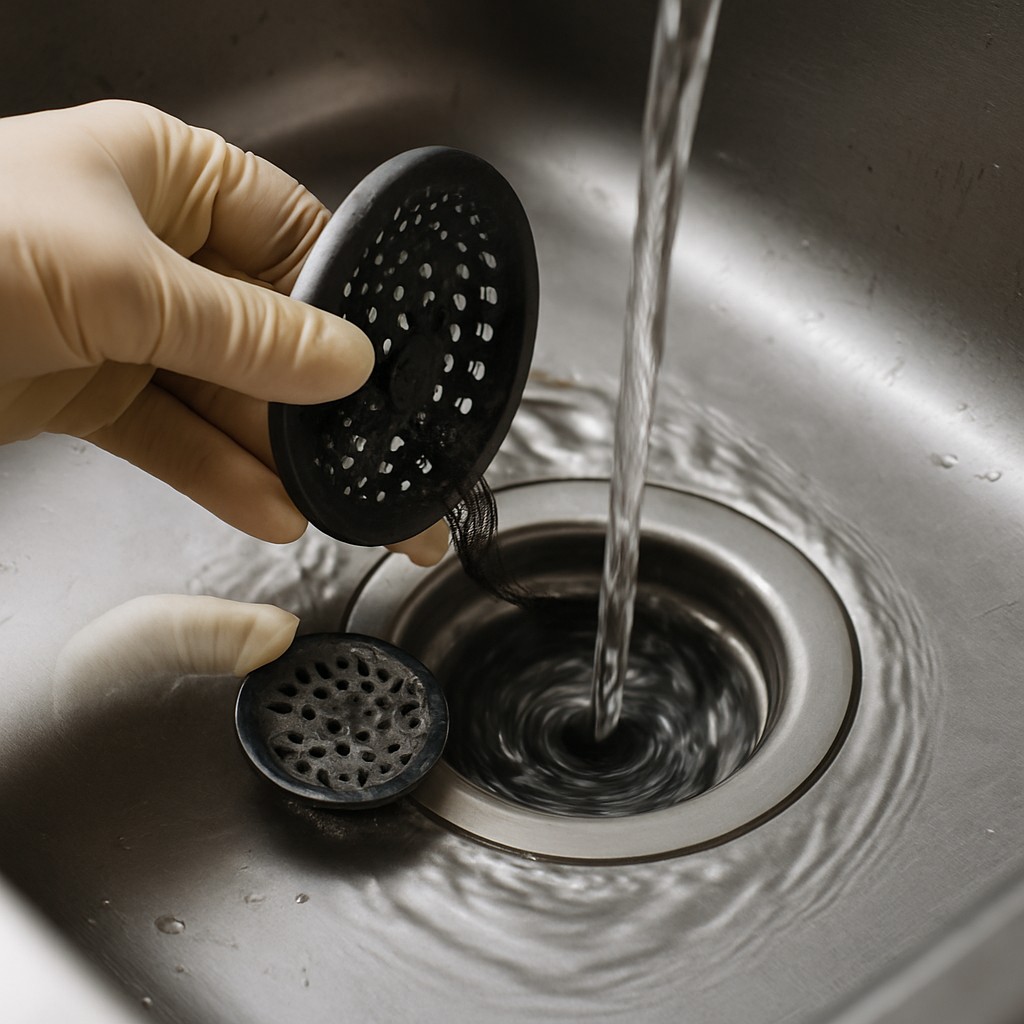 RVS-spoelbak met stromend water; afvoerzeefje wordt gelicht voor schoonmaak routine tegen verstopping.