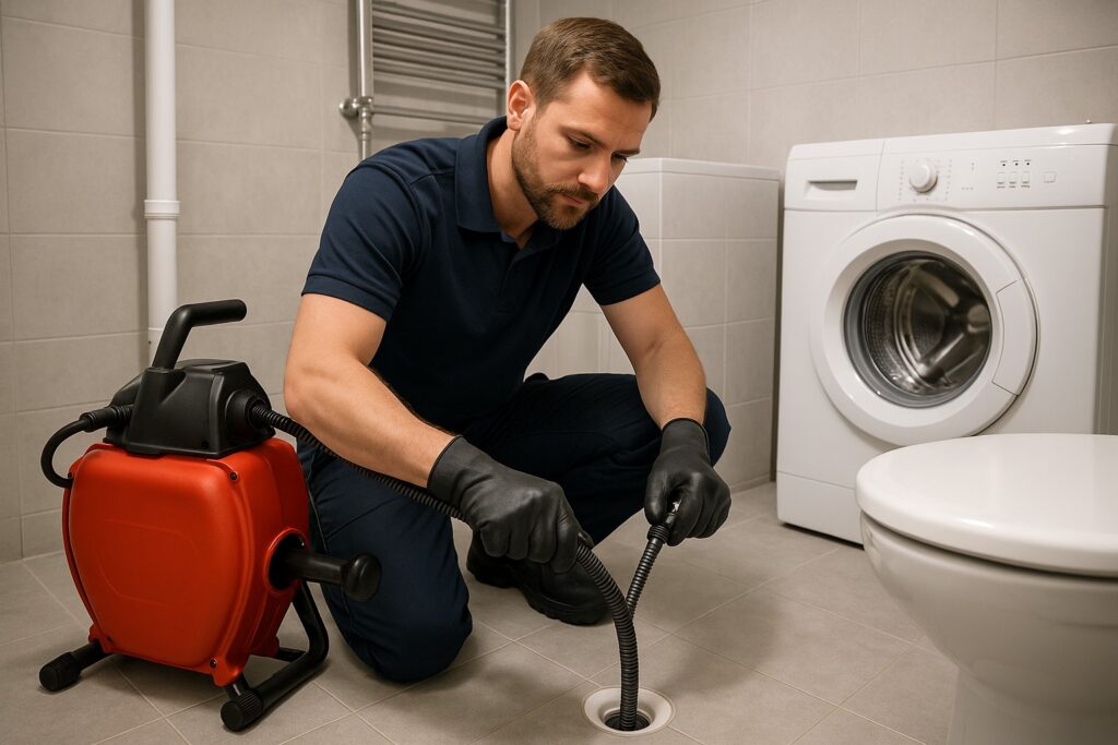 Monteur gebruikt veermachine om een vloerput te ontstoppen in een betegelde ruimte; professionele ontstoppingsdienst Utrecht.