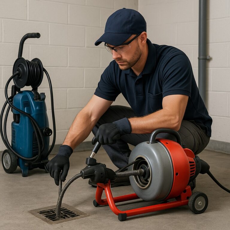 Loodgieter gebruikt professionele rioolreinigingsmachine bij toilet in moderne badkamer